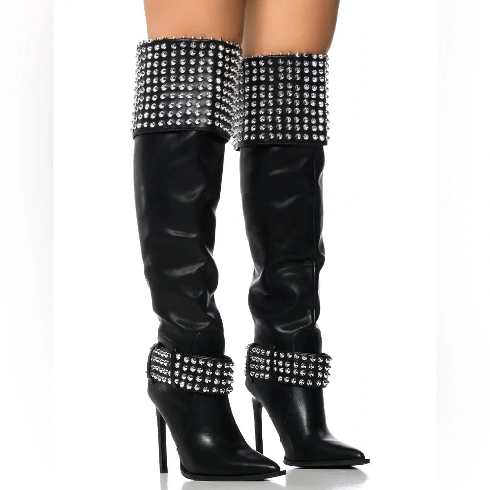 AZALEA WANG Black Vegan Leather & Silver Studded Over the Knee Boots